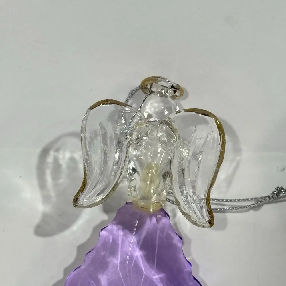 Glass Angel Ornament Purple Crystal Gold Trim Open Book Figurine Boxed